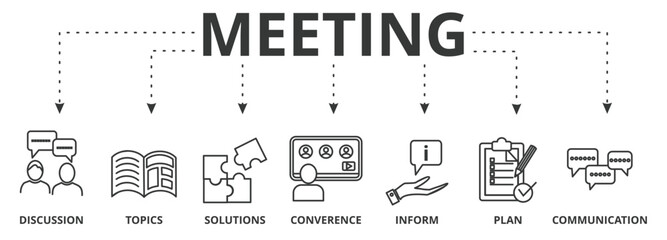 Meeting banner icon vector illustration wiith icon of discussion, topics, solutions,  video conference, inform plan  and communication