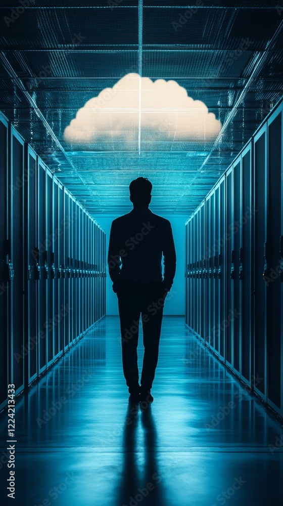 Aufkleber exploring the future: silhouette in a high-tech cloud data center corridor