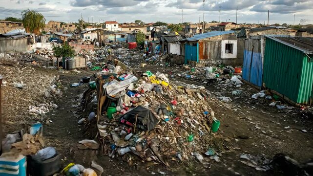 Overcrowded Slums with Extensive Garbage and Debris in Developing Country