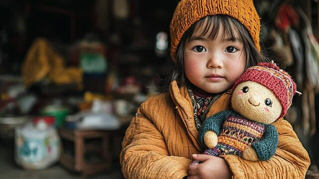 Innocence and Companionship: A young girl with rosy cheeks and a heartwarming smile holds her beloved hand-knit doll close, her eyes filled with an unyielding innocence and captivating charm.  