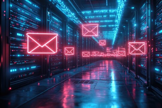 Email messages transferring through futuristic server room with neon lights