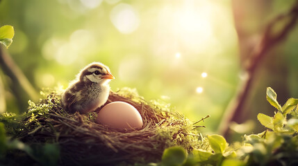 A baby bird hatching from its egg in a peaceful nest surrounded by soft sunlight