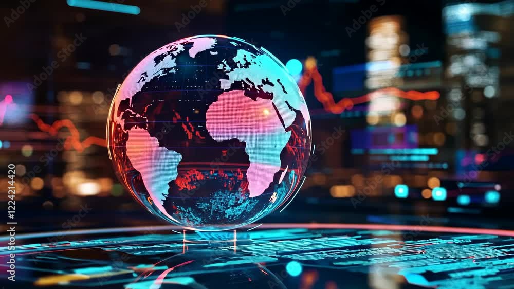Poster global network digital world map data analytics illuminated earth technology background futuristic
