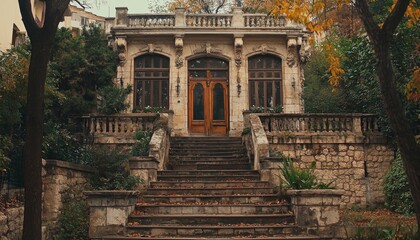 Obraz premium delightful architectural composition featuring elegant windows and doors, nestled among ancient stone walls, with urban trees adding a touch of nature