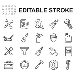 Collection of automotive service equipment. Thin line vector. Contains icons such as wheel wrench, jack, pliers and many more.
