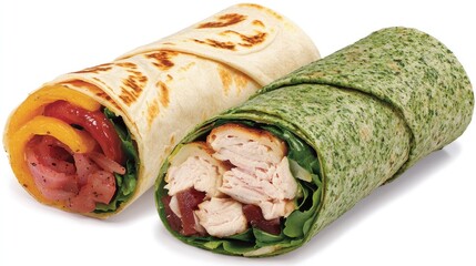 Two delicious wraps: one with cheese and vegetables, the other filled with chicken and greens, perfect for a quick, healthy meal.