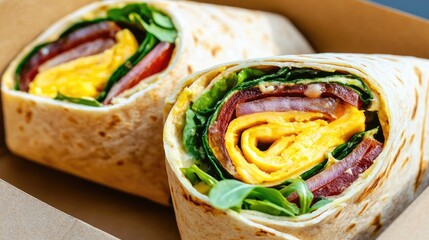 A delicious wrap filled with layers of fresh vegetables, cheese, and meat, elegantly rolled and presented in a takeout box.