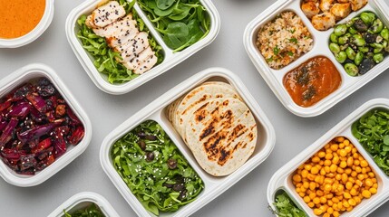 A colorful arrangement of healthy meal prep containers featuring grains, greens, legumes, and sauces, promoting balanced eating and convenience.