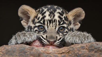 Obraz premium Adorable clouded leopard cub eating, dark background, wildlife conservation