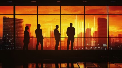 Dynamic Business Meeting Against a Stunning Sunset Cityscape Silhouette