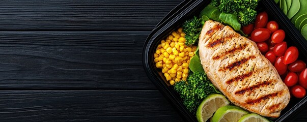A colorful meal prep box featuring grilled chicken, fresh vegetables, and vibrant garnishes, all arranged neatly on a dark wooden surface.