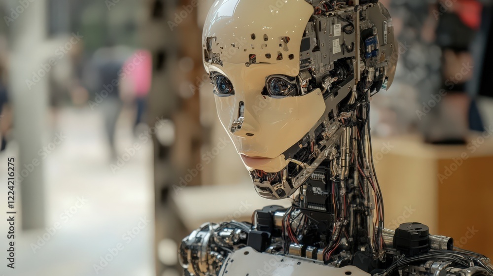 Poster close-up of a humanoid robot with visible internal mechanics and a smooth, white face