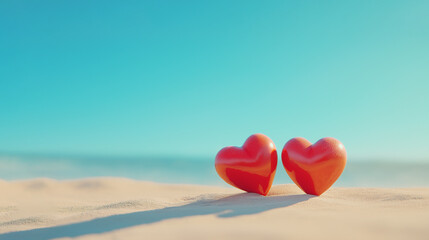 Fototapeta premium Heart-shaped objects resting on sandy beach under clear blue sky during sunny day