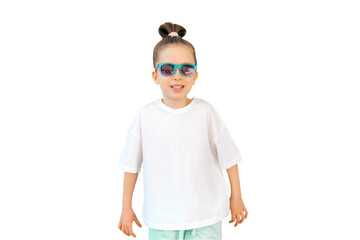 The girl is wearing a white blank T-shirt., isolated in transparent PNG. Stylish cute girl in sunglasses.Template for design, copy space for logo, text. Mockup, white background.