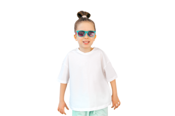 The girl is wearing a white blank T-shirt., isolated in transparent PNG. Stylish cute girl in sunglasses.Template for design, copy space for logo, text. Mockup, white background.
