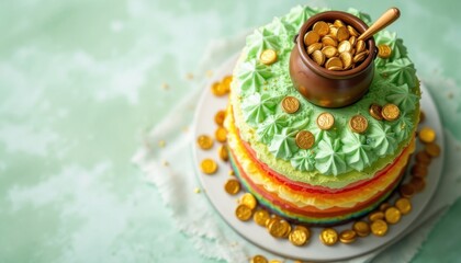 Fototapeta premium Colorful layered cake with pot of gold coins on top