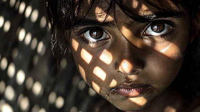 A Child's Gaze:  A close-up portrait captures a young child's intense gaze, with sunlight filtering through a woven lattice, creating a striking pattern of light and shadow across their face.