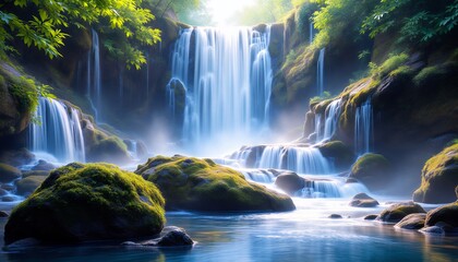 Enchanted Waterfall in Lush Green Forest: A Serene Oasis