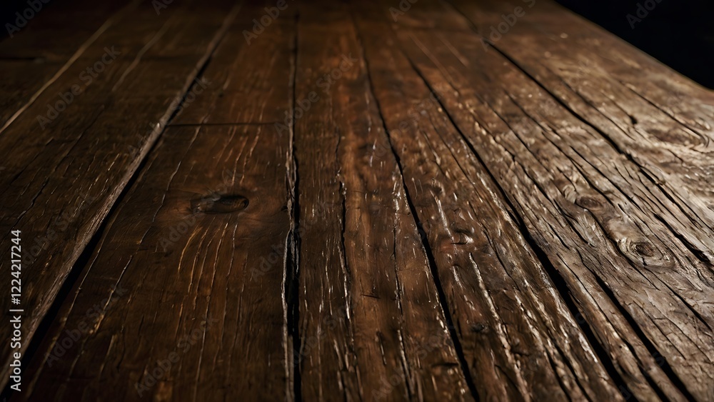 Poster rustic, wooden table surface with a circular layout composed of several wide, uneven planks, each sh