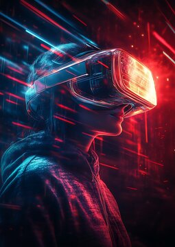 A dramatic shot of a VR headset worn by a user with visible glowing details, set in a dark environment with red and blue neon light streaks