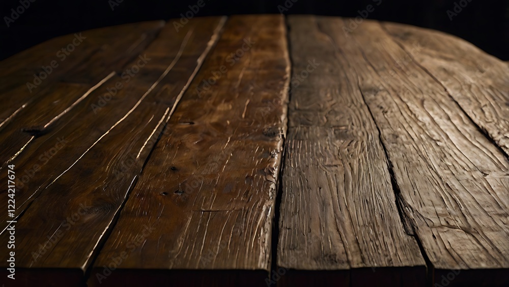 Poster rustic, wooden table surface with a circular layout composed of several wide, uneven planks, each sh