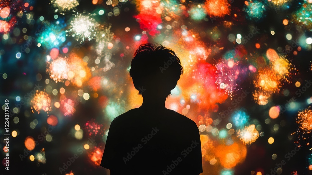 Poster a person is standing in front of a colorful background with fireworks