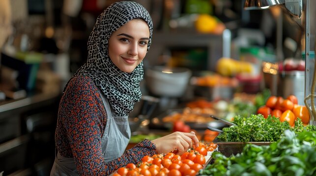 Woman arranging tomatoes at market stall
