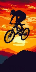 Obraz premium A man is riding a bike in the air with the sun setting in the background