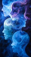 Abstract Ethereal Faces in Blue and Purple Hues with Smoky Textures and Surreal Artistic Design