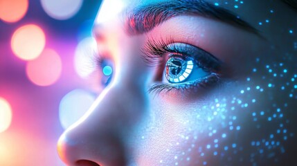 Fototapeta premium Close-Up of Human Eye with Neon Lights and Digital Texture Design