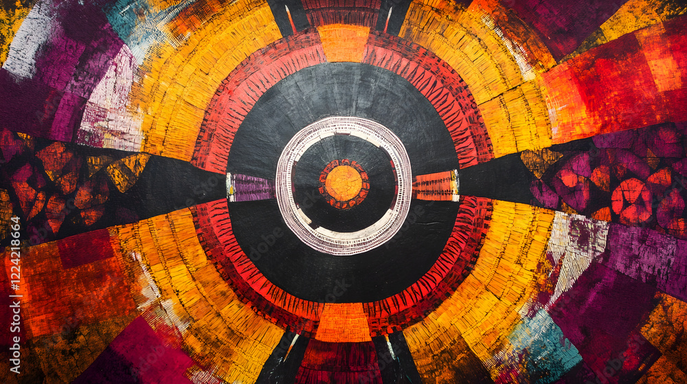 Fototapete abstract circular artwork with vibrant earth tones and dynamic textured patterns : generative ai