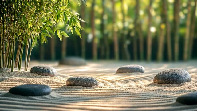 Serene Zen Garden Smooth Stones Bamboo and Raked Sand Landscape