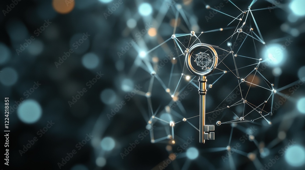 Poster golden key surrounded by abstract digital connections, symbolizing access to knowledge, technology, 
