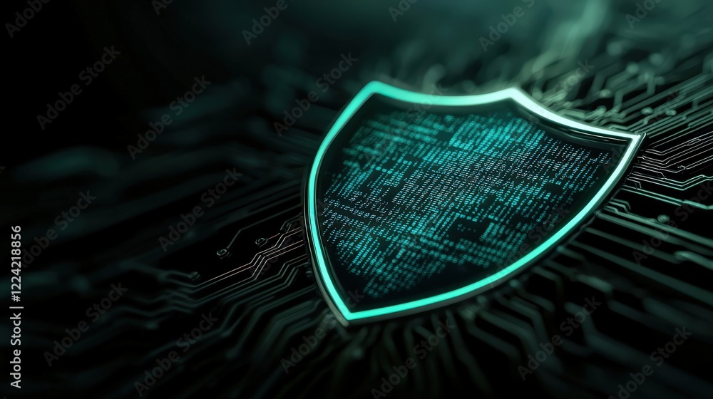 Poster Futuristic cyber security concept featuring a glowing shield overlay on a digital circuit background with intricate binary code patterns, symbolizing data protection and internet safety.