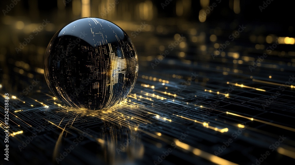 Aufkleber evocative 3d sphere with digital patterns and golden light reflections on a dark background, perfect