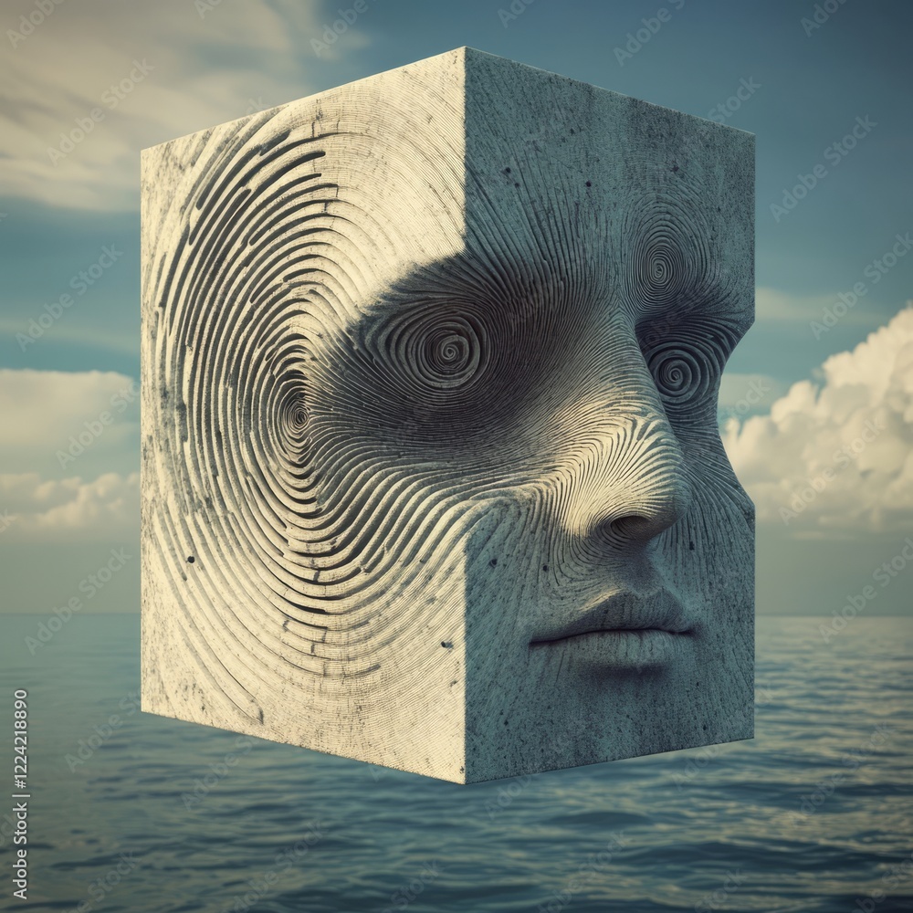 Poster a cube with a face on it is floating in the water