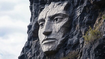 Obraz premium Monumental Stone Face Carved into Rocky Cliffside Landscape
