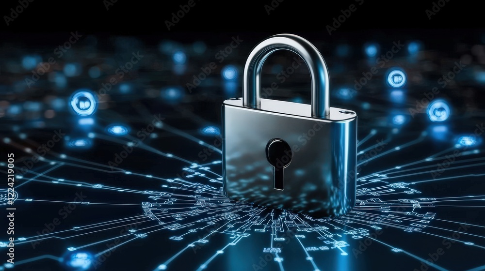 Aufkleber secure digital lock surrounded by a network of technology icons representing cybersecurity, data pro