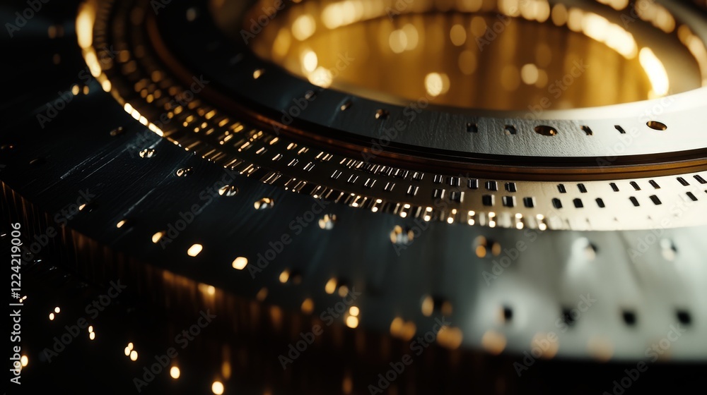 Poster Abstract metallic surface with intricate patterns and glowing lights, showcasing modern technology and design elements in a captivating close-up view