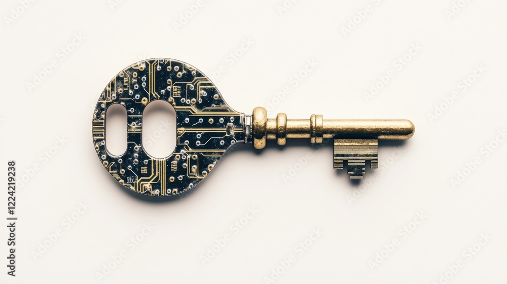 Poster Unique Key with Circuit Board Design Symbolizing Technology and Security, Featuring Intricate Patterns and a Metallic Finish Ideal for Digital Innovation Themes