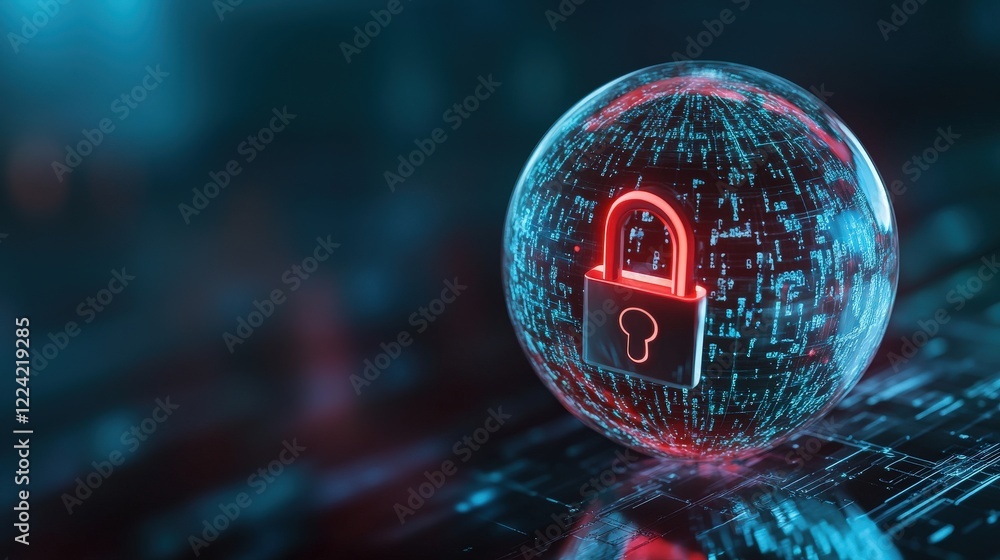 Poster Digital Lock Concept on Data Sphere with 3D Rendering, Cybersecurity and Data Protection Visualization in a Futuristic Design with Neon Light Effects