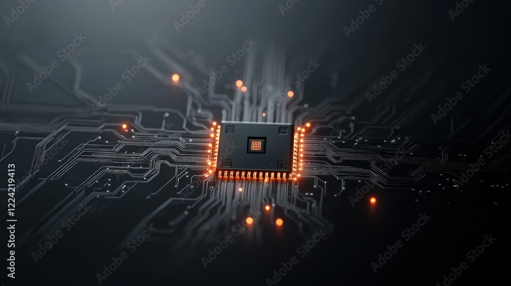 Poster Detailed Close-Up of a Microchip on a Dark Background Featuring an Intricate Circuit Board Design, Highlighting the Technology and Innovation in Electronics Manufacturing