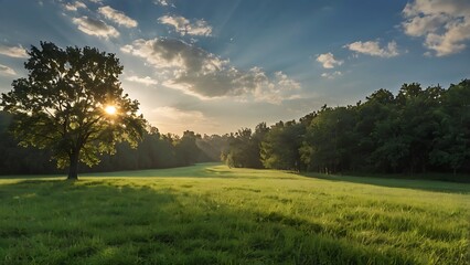 Fototapeta premium Landscape photograph capturing a serene, expansive meadow under a clear blue sky features a wide field of lush, green grass in the foreground, gently swaying in the breeze