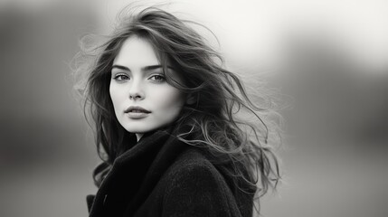 young woman walking and looking sideways with a demure, curious expression. wears a long black coat that flows softly as she moves, and her gaze is subtle and intriguing, with delicate features