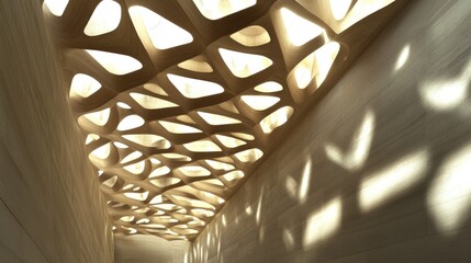 Intricate wood ceiling, light patterns, modern hallway, interior design