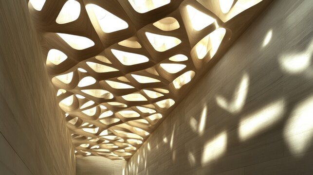 Intricate wood ceiling, light patterns, modern hallway, interior design