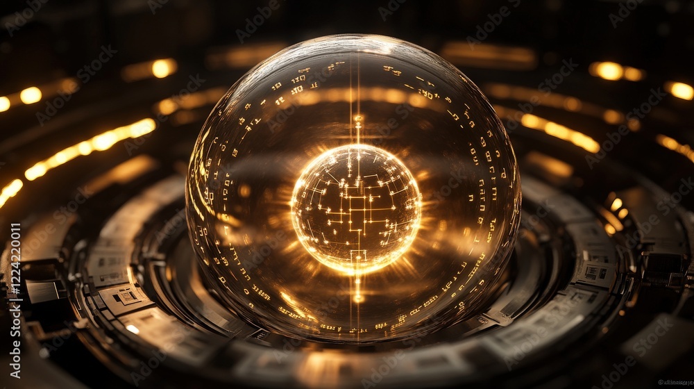 Aufkleber Enigmatic Crystal Sphere with Illuminated Digital Patterns and Geometric Shapes Set in a Futuristic Mechanical Environment