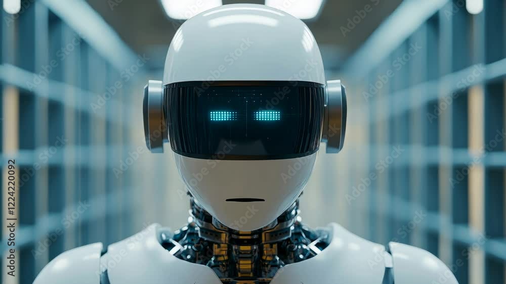 Poster advanced robotic technology displayed in a futuristic research facility showcasing a humanoid robot 