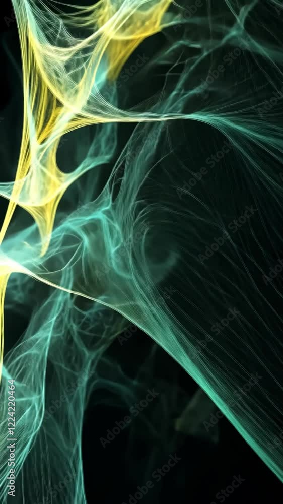 Poster abstract digital artwork showcasing intricate patterns of teal and yellow glowing lines on a dark ba