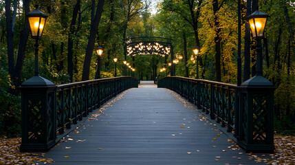 Autumn evening park bridge walkway, illuminated lamps, falling leaves, tranquil scene, ideal for travel brochures